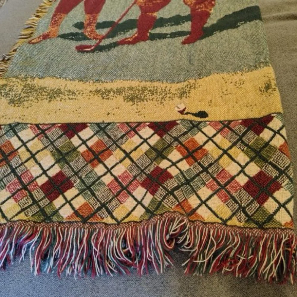 Vtg Golf Scene Woven Knit Throw Blanket Fringe Argyle Pattern 45x60” Warm Cozy